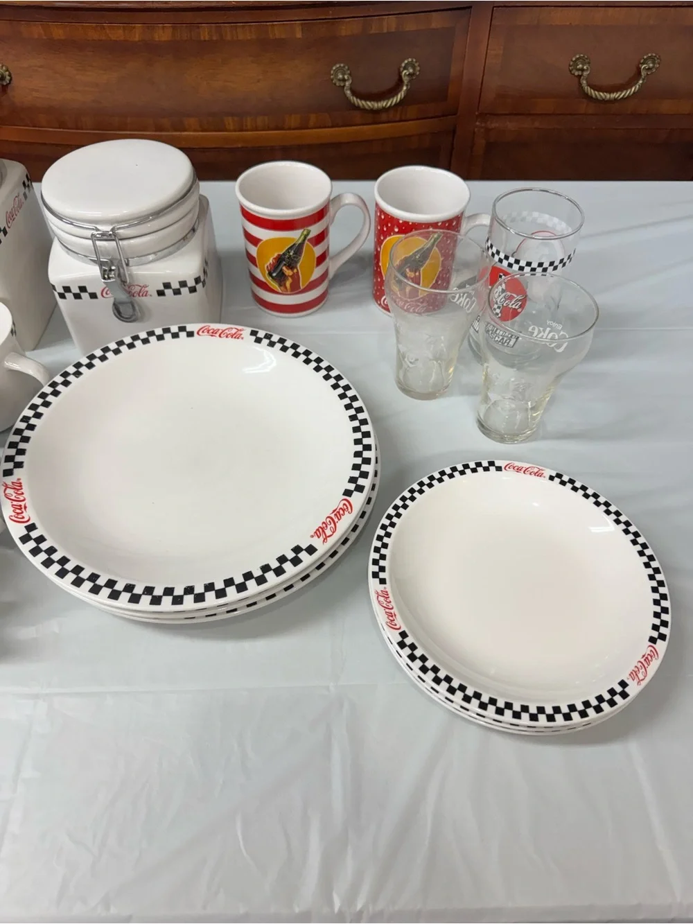 Vintage Coca Cola Gibson White Ceramic Dinnerware Set with Black Check Trim